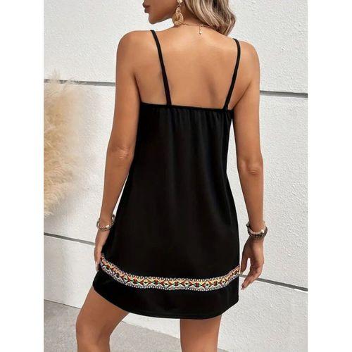 Kadın Ip Askılı V Yakalı Etnik Desenli Detaylı Elbise