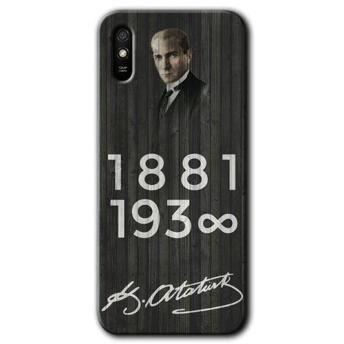MRCİLETİSİM Xiaomi Redmi 9A Kılıf HD Desen Baskılı Arka Kapak+Temperli Cam - Atatürk Ahşap İmza