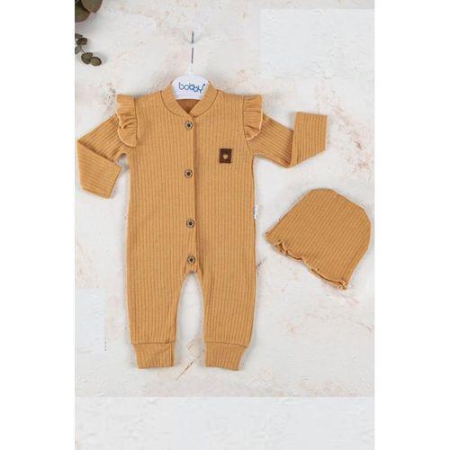 Boydan Düğmeli Şapkalı % 100 Pamuk Kız Bebek Tulumu