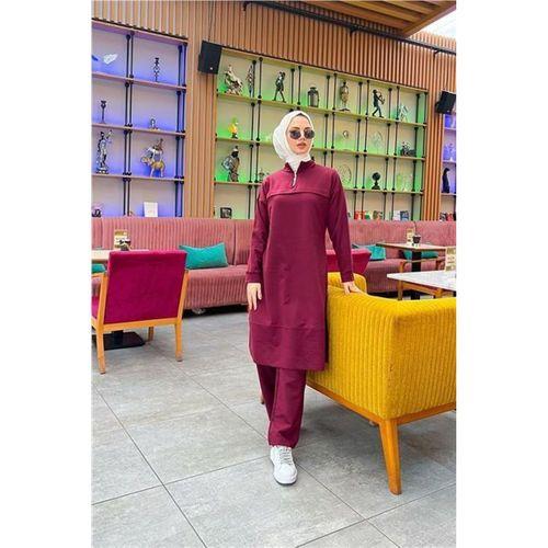 Dik Yaka Kısa Fermuarlı Yırtmaçlı Sade Basic Uzun Tunik ve Pantolon İkili Spor Takım - 03062.009 - Bordo