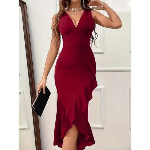 Kadın Askılı V Yakalı önden Fırfırlı Uzun Ithal Krep Elbise