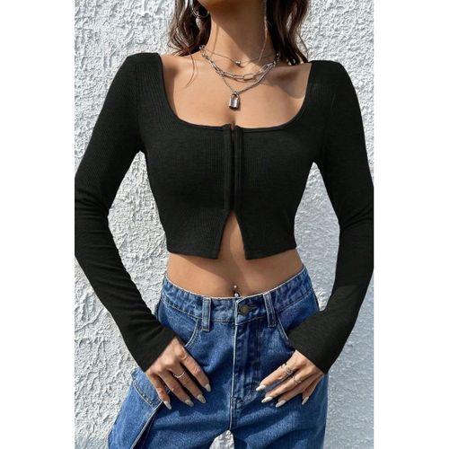 Kadın Siyah Agraflı Göğüs Ve Göbek Dekolteli Uzun Kollu Crop Top Bluz Premium Stil