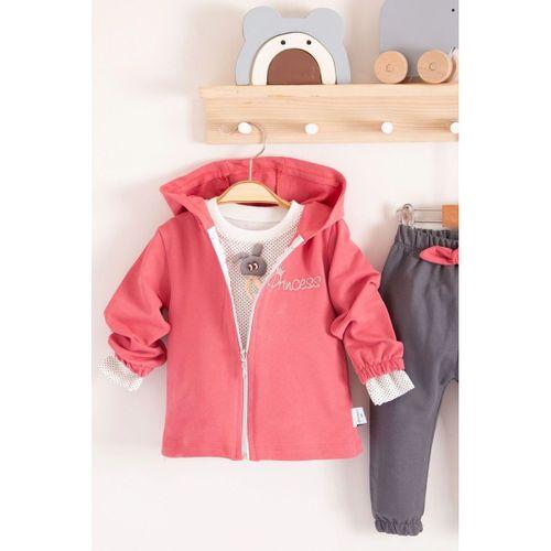 Prences Nakışlı Kapişonlu 3'lü % 100 Pamuk Kız Bebek Takımı