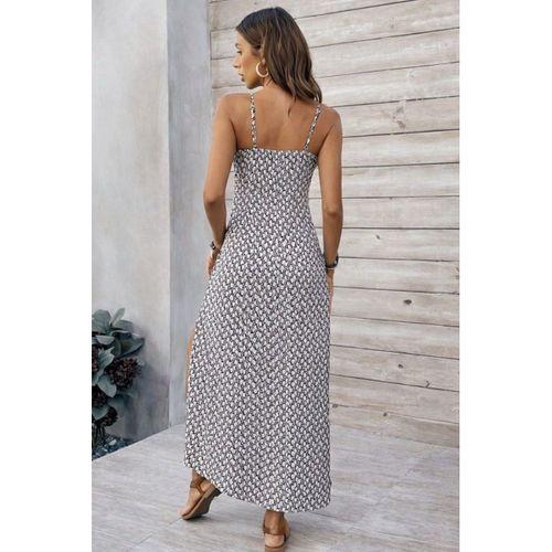 Kadın Ip Askılı V Yakalı Yırtmaçlı Uzun Süprem Elbise