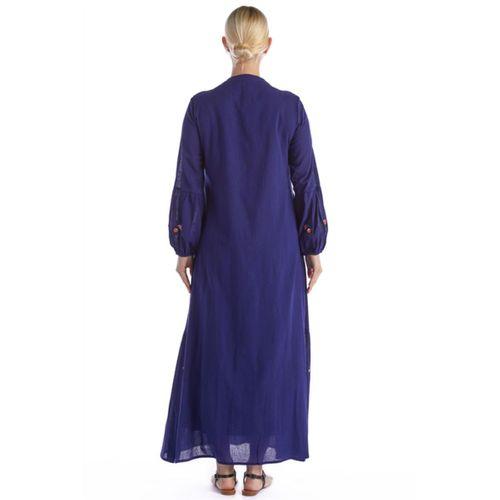 Uzun Kol Mor Nakışlı Püskül Bağcıklı Hakim Yaka Yazlık Şile Bezi Uzun Elbise