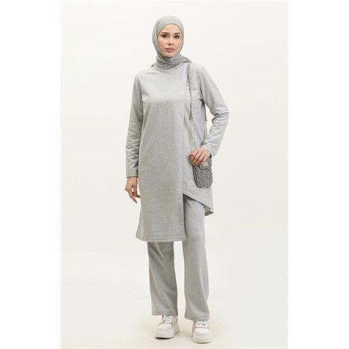 Kruvaze Bisiklet Yaka Sade Basic Tunik Panolon İkili Takım - 03076.008 - Gri