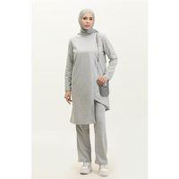 Kruvaze Bisiklet Yaka Sade Basic Tunik Panolon İkili Takım - 03076.008 - Gri