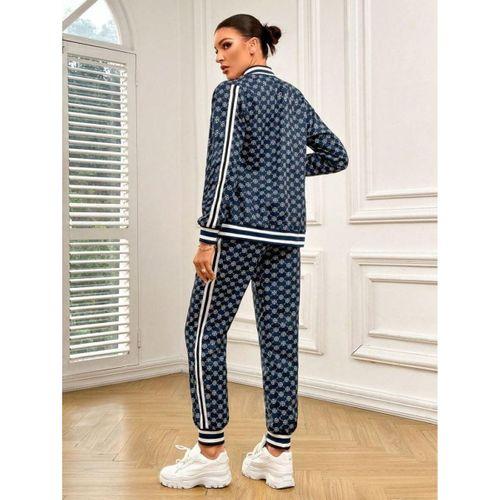 Kadın Uzun Kollu önden Fermuarlı Desenli Iki Iplik Bluz Ve Pantolon Ikili Takım