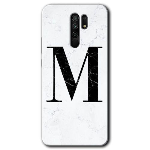 MRCİLETİSİM Xiaomi Redmi 9 Kılıf Baskılı Kapak - Beyaz Mermer Desenli M Harfi + 5D Tam Kaplayan Cam