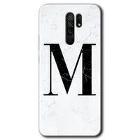 MRCİLETİSİM Xiaomi Redmi 9 Kılıf Baskılı Kapak - Beyaz Mermer Desenli M Harfi + 5D Tam Kaplayan Cam