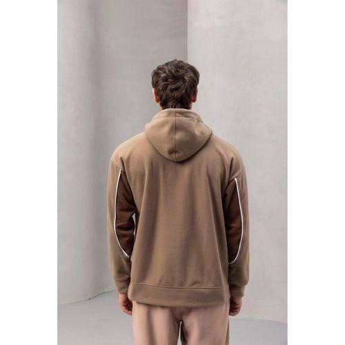 Frank Parçalı Kontrast Desenli Kapüşonlu Oversize Cepli Polar Erkek Sweatshirt - Bej
