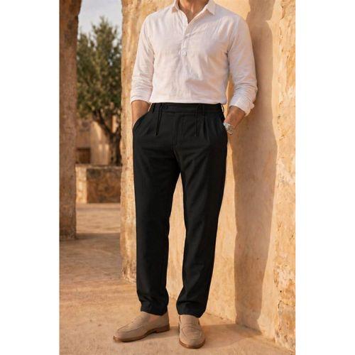 Forner Regular Fit Beli Lastikli Kemer Detaylı Erkek Kumaş Pantolon - Siyah