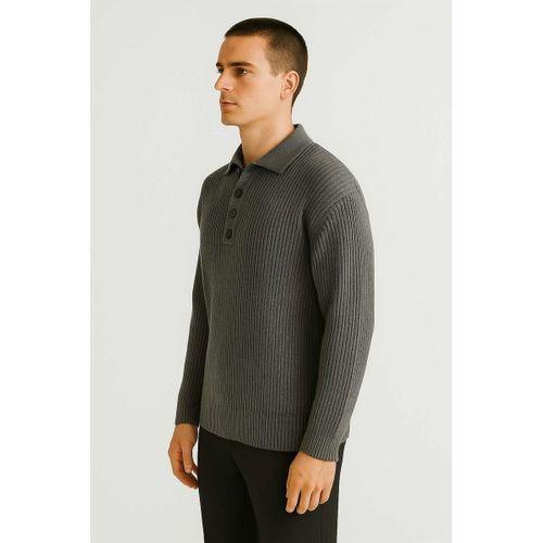 Oversize Selanik Örgü 4 Düğmeli Yarım Pat Rahat Kalıp Erkek Triko Kazak - Füme