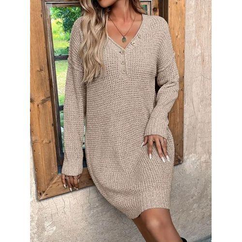 Kadın Uzun Kollu V Yakalı Düğmeli Mini Triko Taş Renkli Elbise