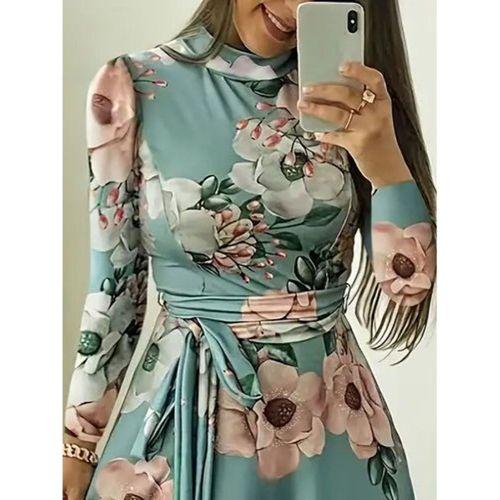 Kadın Uzun Kollu Yuvarlak Yakalı Beli Kuşaklı Desenli Süprem Uzun Elbise