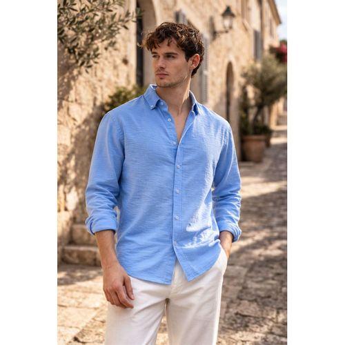 Pera Kumaş Keten Görünümlü Yarım Oversize Uzun kollu Erkek Gömlek - Açık Mavi