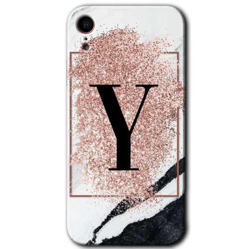 iPhone XR HD Baskılı Kılıf + 9D Tam Ekran Koruyucu - Pembe Mermer Desenli Y Harfi