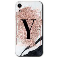 iPhone XR HD Baskılı Kılıf + 9D Tam Ekran Koruyucu - Pembe Mermer Desenli Y Harfi