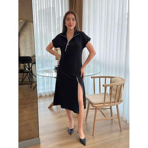 Kadın Kısa Kollu Yakadan Ve Etekten Fermuarlı Midi Viskon Iki Iplik Elbise