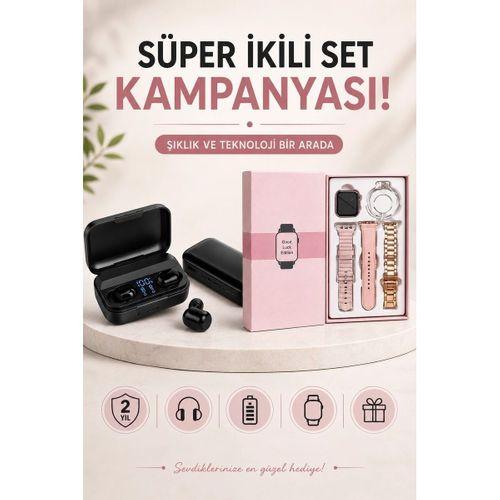 Wireless  Pembe Akıllı Saat Ve Kablosuz Bluetooth Kulaklık Dokunmatik Kontrol