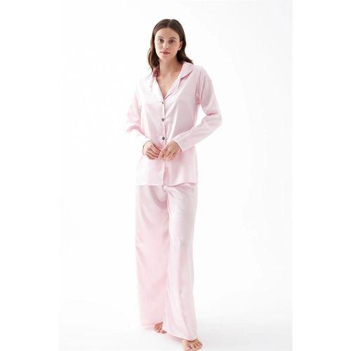 Kadın Pembe Oversize Saten Pijama Takımı – Rahat Kesim Şık Ev Giyim Seti