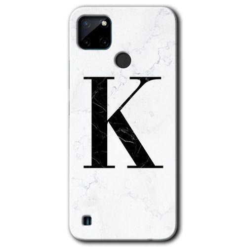 MRCİLETİSİM Realme C21 Kılıf Baskılı Kapak - Beyaz Mermer Desenli K Harfi + 5D Tam Kaplayan Cam