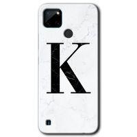 MRCİLETİSİM Realme C21 Kılıf Baskılı Kapak - Beyaz Mermer Desenli K Harfi + 5D Tam Kaplayan Cam