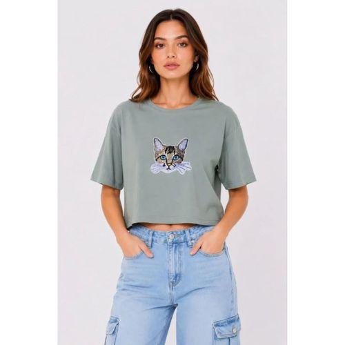 Kedi Baskılı Oversize Crop Tişört Salaş Basic Yarım Kol T-shirt - Mint Yeşili