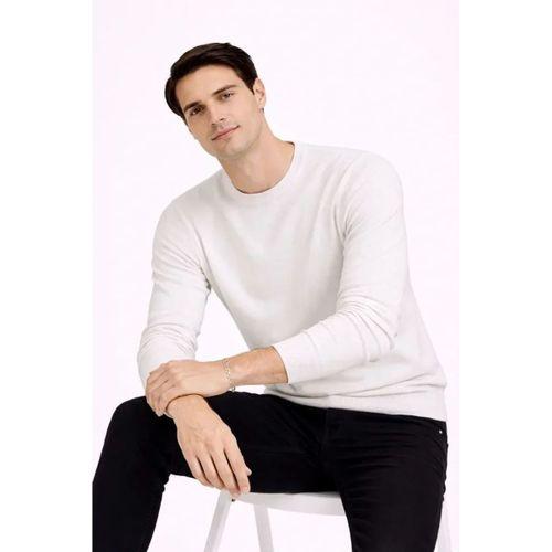 Erkek Bisiklet Yaka Triko Kazak Yumuşak Dokulu Pamuklu Ince Dokuma, Uzun Kollu Rahat Regular Kalıp - Beyaz