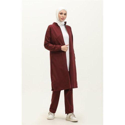 Göğüsten Detaylı Fermuarlı Sade Basic Eşofman Spor İkili Takım - 03063.009 - Bordo