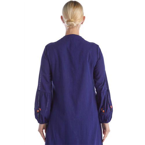 Uzun Kol Mor Nakışlı Püskül Bağcıklı Hakim Yaka Yazlık Şile Bezi Uzun Elbise