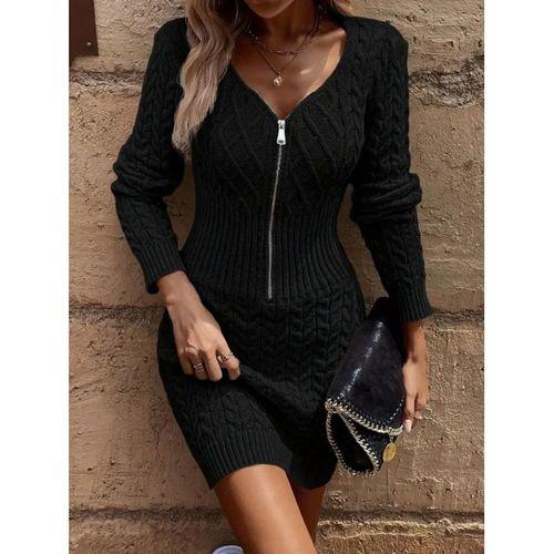Kadın Uzun Kollu V Yakalı önden Fermuarlı Kısa Triko Elbise