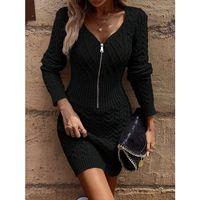 Kadın Uzun Kollu V Yakalı önden Fermuarlı Kısa Triko Elbise