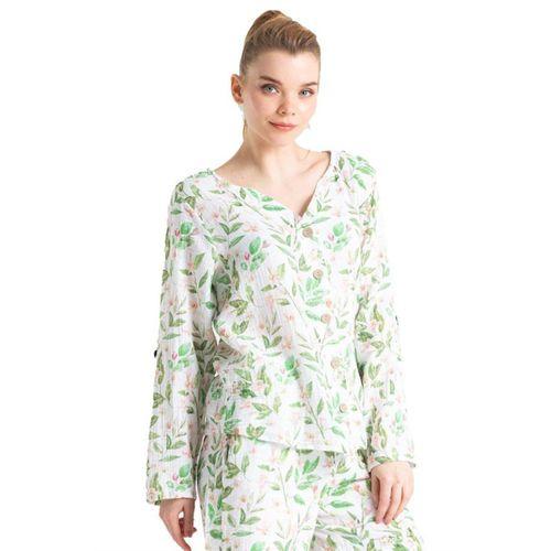 Uzun Kol Sedef Baskılı Yazlık Müslin Gömlek Yaprak Desen Yaprak Dsn