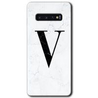 Potkal Hediye Fabrikası Samsung Galaxy S10 Kılıf HD Desen Baskılı Arka Kapak - Beyaz Mermer Desenli V Harfi