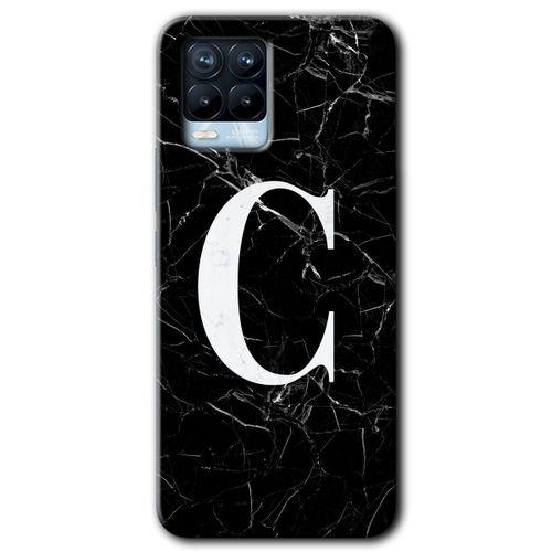 MRCİLETİSİM Realme 8 Pro Kılıf Baskılı Kapak - Siyah Mermer Desenli C Harfi + 5D Tam Kaplayan Cam