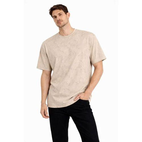 Erkek Asit Yıkama Bisiklet Yaka Kısa Kollu Oversize T-Shirt Tişört - Bej