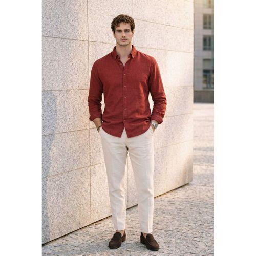 Pera Kumaş Keten Görünümlü Yarım Oversize Uzun kollu Erkek Gömlek - Bordo