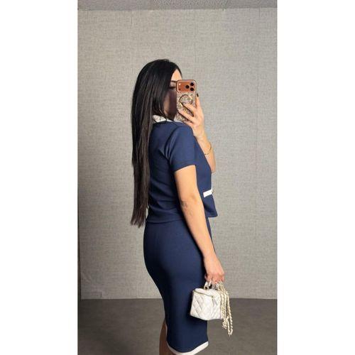 Kadın Kısa Kollu Cep Ve Düğme Detay Ceket Ve Diz üstü Etek Ikili Takım