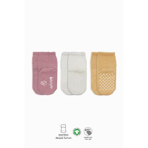 Bistyle Basic Kaymaz Penye Soket Çorap 3'Lü BS10106 Pudra Ekru Somon