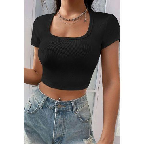 Kadın Siyah Modern Fit Yarım Kol Düz Yaka Crop Top Bluz