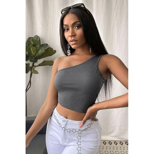 Kadın Koyu Gri Fit Görünümlü Tek Omuz Crop Top Büstiyer