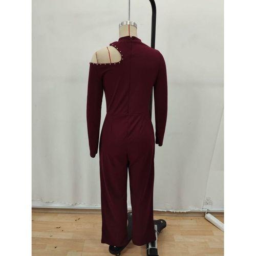 Kadın Tek Omuzdan Açık Balıkçı Yaka Taş Detaylı Uzun Ithal Krep Tulum