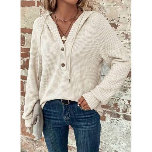 Kadın Uzun Kollu Kapşonlu önü Düğmeli Ve Bağcıklı Waffle Bluz