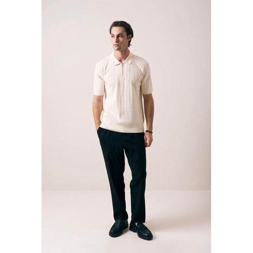 Burke Saç Örgü Yarım Fermuarlı Kısa Kollu İnce Triko Erkek T-Shirt - Bej