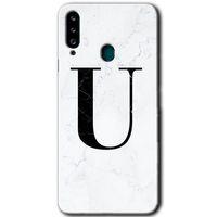 Potkal Hediye Fabrikası Samsung Galaxy A20s HD Baskılı Kılıf + 9D Tam Ekran Koruyucu - Beyaz Mermer Desenli U Harfi