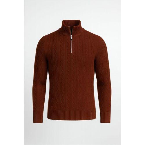 Bardem Saç Örgülü Yarım Fermuar Erkek Triko Kazak - Kahve