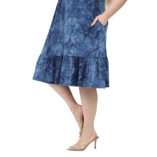 Melsay Butik Göğüsten Robalı V Yaka Kısa Kollu Lacivert Batik Yıkama Cepli Elbise