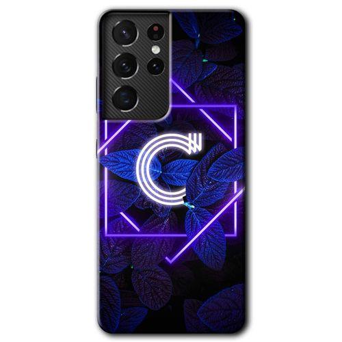 MRCİLETİSİM Samsung Galaxy S21 Ultra Kılıf HD Desen Baskılı Arka Kapak + Temperli Cam - Dark Neon Yaprak C Harfi