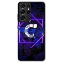 MRCİLETİSİM Samsung Galaxy S21 Ultra Kılıf HD Desen Baskılı Arka Kapak + Temperli Cam - Dark Neon Yaprak C Harfi